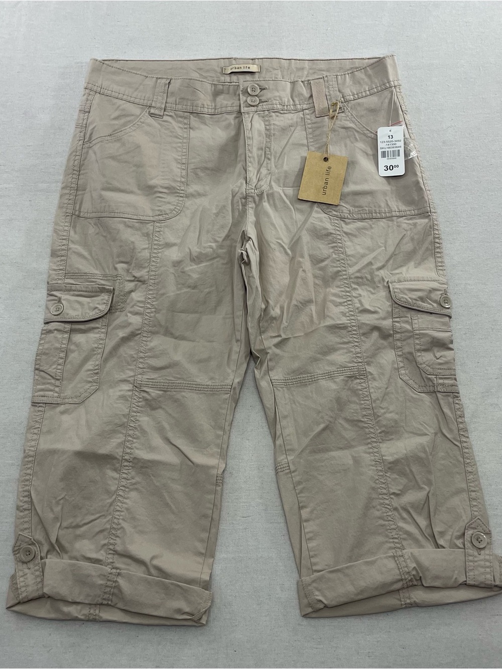 NWT Urban Life Cargo Capri Pants Women's 13/14 Cropped Relaxed Fit Cotton Biege